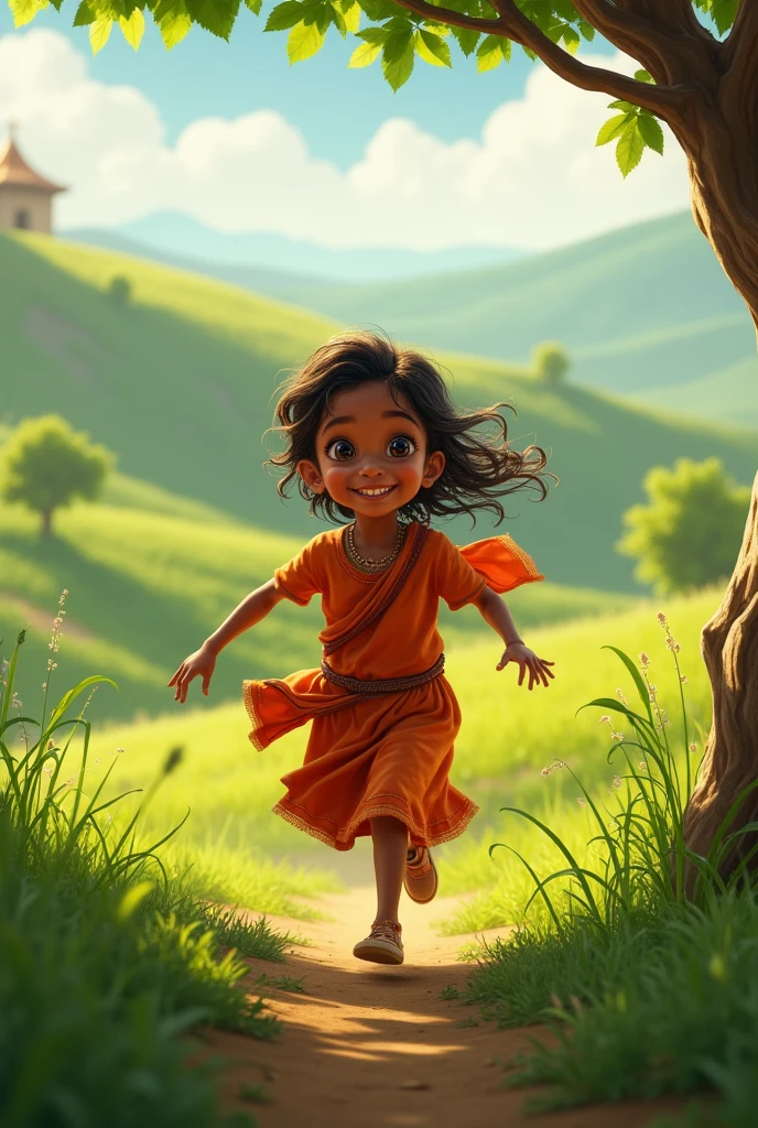 Indian picture of playful Young girl around 11 to 12 year old lives in village surrounded by dense forest show houses in the village