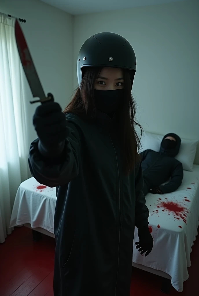 korean girl, (behind naked corpse, holding knife), black surgical mask, black gloves, room full of blood, black raincoat, bucket hat, holding knife, black gloves, woman on top, behind corpse, blood splatter, on the bed, mass murderer, killer, short hair, blood splatter, dark atmosphere, cinematic lighting, atmospheric realistic, light from the window, close-up,
