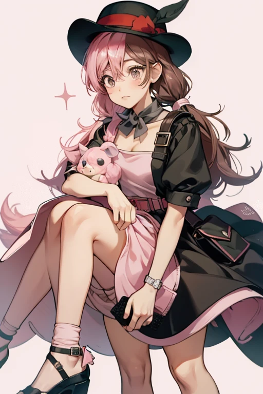 Adorbs has black eyes, tan skin, pink cheeks, and pink hair in pigtails. She is wearing a black and pink dress with a white belt. She has a pink, black, and white elf hat. Her shoes are mismatched. SPARKLE; GLITTER