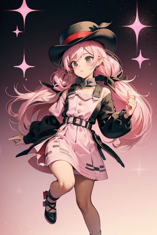 Adorbs has black eyes, tan skin, pink cheeks, and pink hair in pigtails. She is wearing a black and pink dress with a white belt. She has a pink, black, and white elf hat. Her shoes are mismatched. SPARKLE; GLITTER