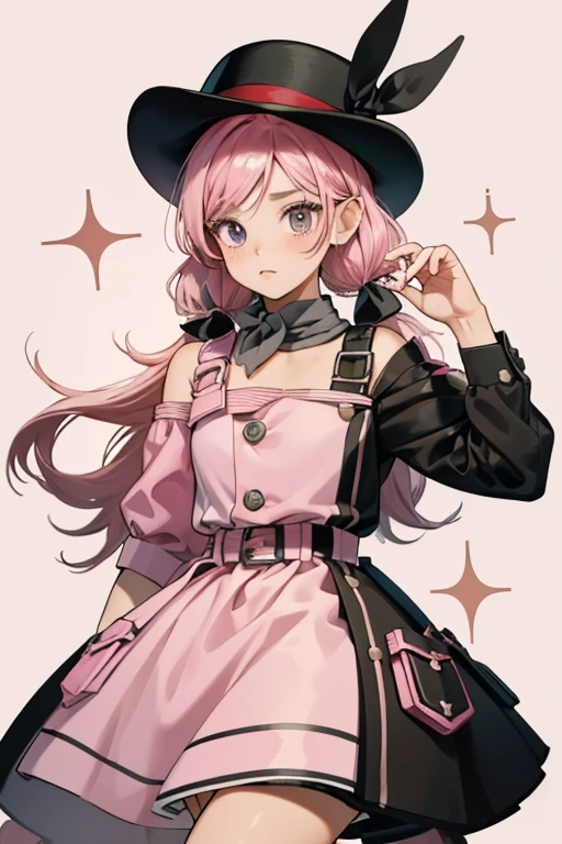 Adorbs has black eyes, tan skin, pink cheeks, and pink hair in pigtails. She is wearing a black and pink dress with a white belt. She has a pink, black, and white elf hat. Her shoes are mismatched. SPARKLE; GLITTER