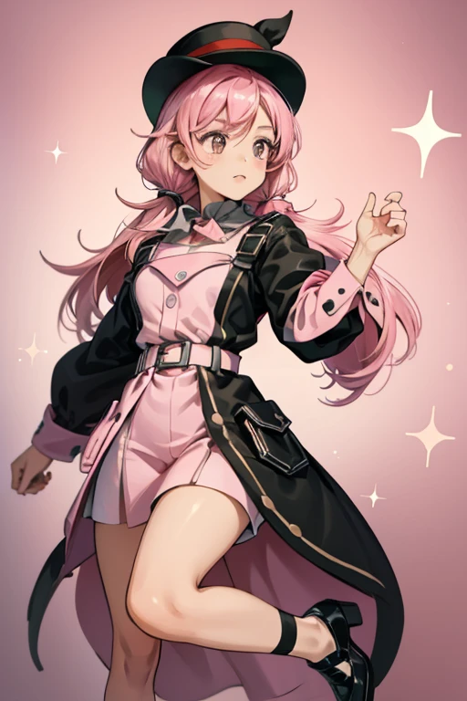 Adorbs has black eyes, tan skin, pink cheeks, and pink hair in pigtails. She is wearing a black and pink dress with a white belt. She has a pink, black, and white elf hat. Her shoes are mismatched. SPARKLE; GLITTER