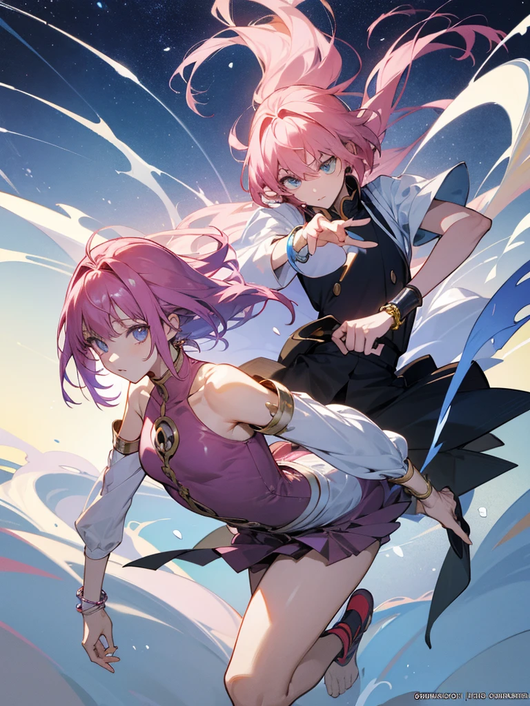 (Full body character concept)、Best illustrations、Best Quality、(Solo)、(The same face:1.1),(One girl、23 years old),Dynamic pose,Medieval Fantasy、Magic wand,(White Background)、(Pink Hair、Very Short Hair、Align your bangs)、(Black hooded robe、pants、Knee-high boots)、(From the side、profile)