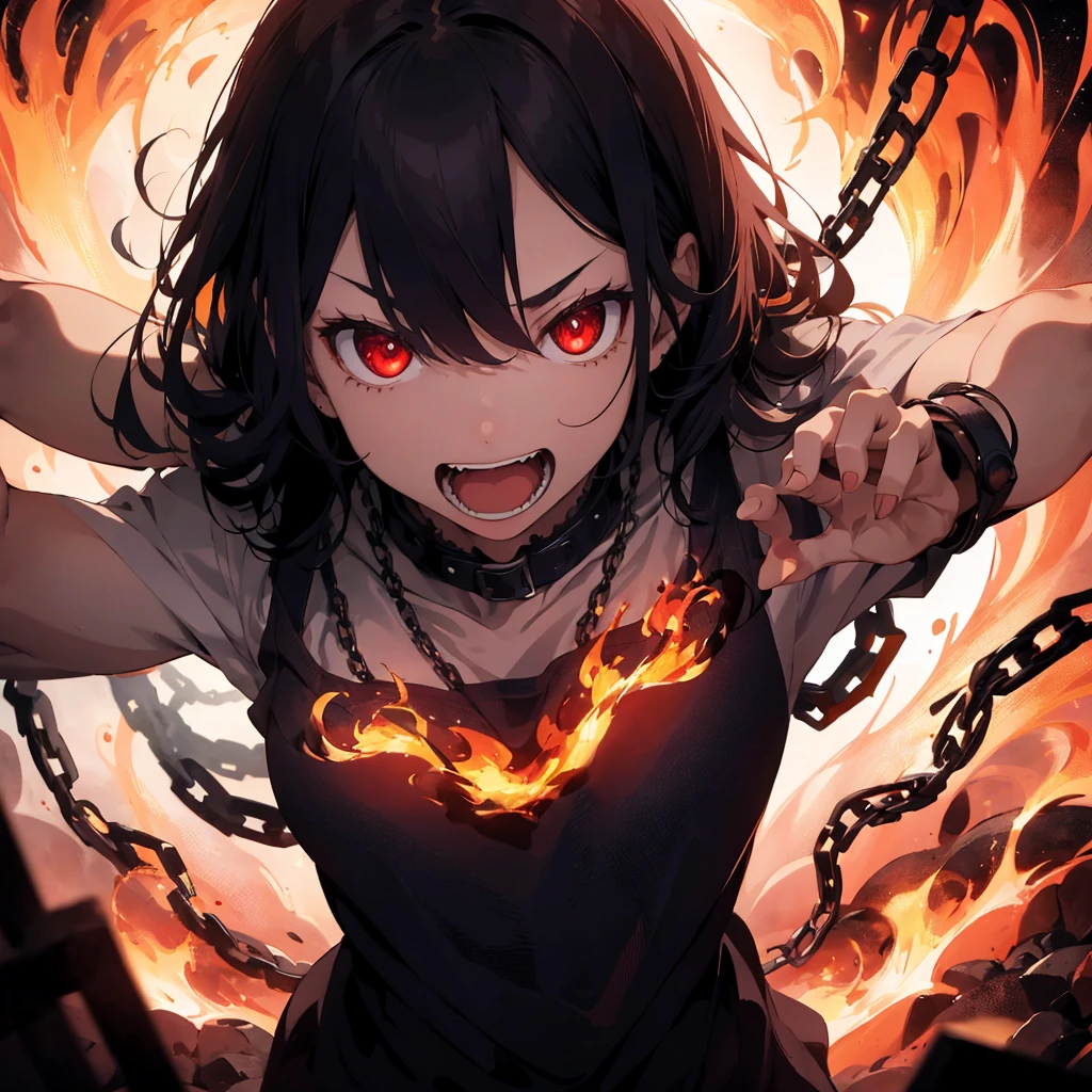 Young boy, short black hair, cat ears, red eyes, red pants, leather bandages, skinny, fire, smile, burns on torso, open torso, Masterpiece, best quality, Full HD, 8k, ultra details, great graphic
