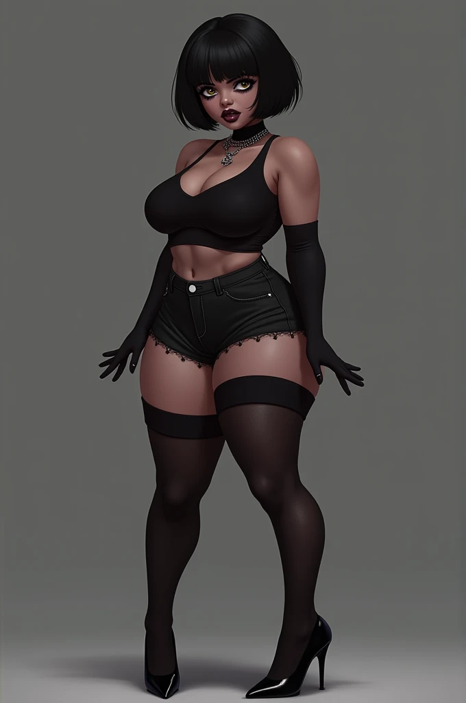 SFW Aunt Cass, standing straight symmetrical, full body, solo girl looking to the camera, blindfolded, cow bell choker, metal sandals, black bikini, black bunny ears, black thigh highs, grey background