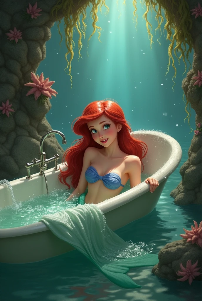 ariel,  mermaid, nude at the bath, open legs, pubic hair, redhead hair, woman pussy, showing her pussy, mermaid tail