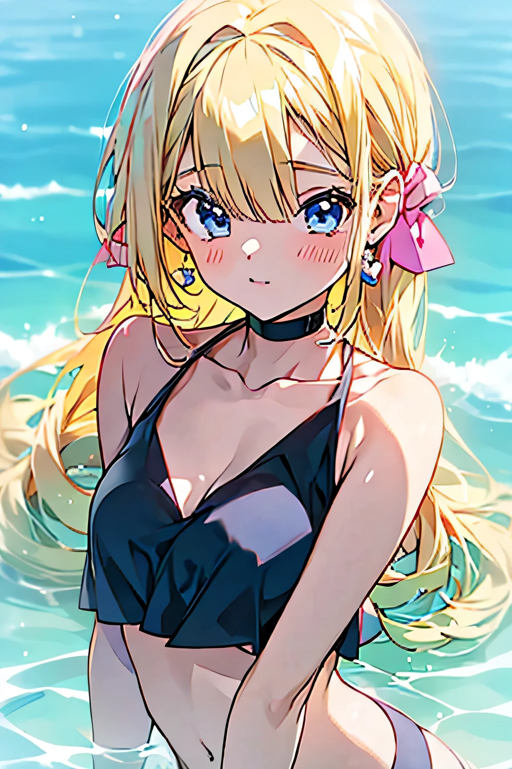 Anime girl, blonde hair with ombre pink, blue eyes, light blue earrings, black bikini 