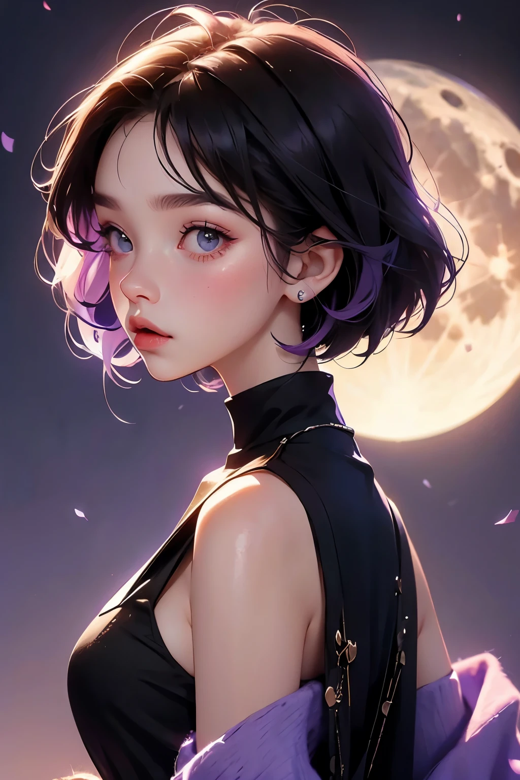 Hair style: bob cut、girl、Hair color is black、The moon is shining in the background、Purple atmosphere