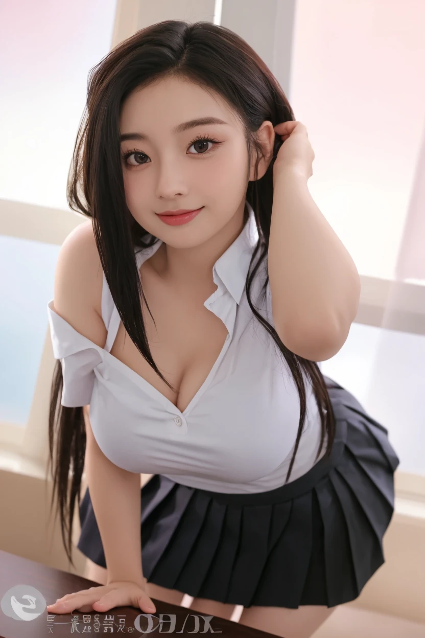 One thin girl、Black Hair、long hair、Large breasts、Big butt、Black Sailor Suit、show your breasts、black eye、cute、night、On the bed、stare、Drenched in sweat、Show off your breasts、On all fours、Naughty、smile、Soaking wet、first round、High resolution、masterpiece、highest quality