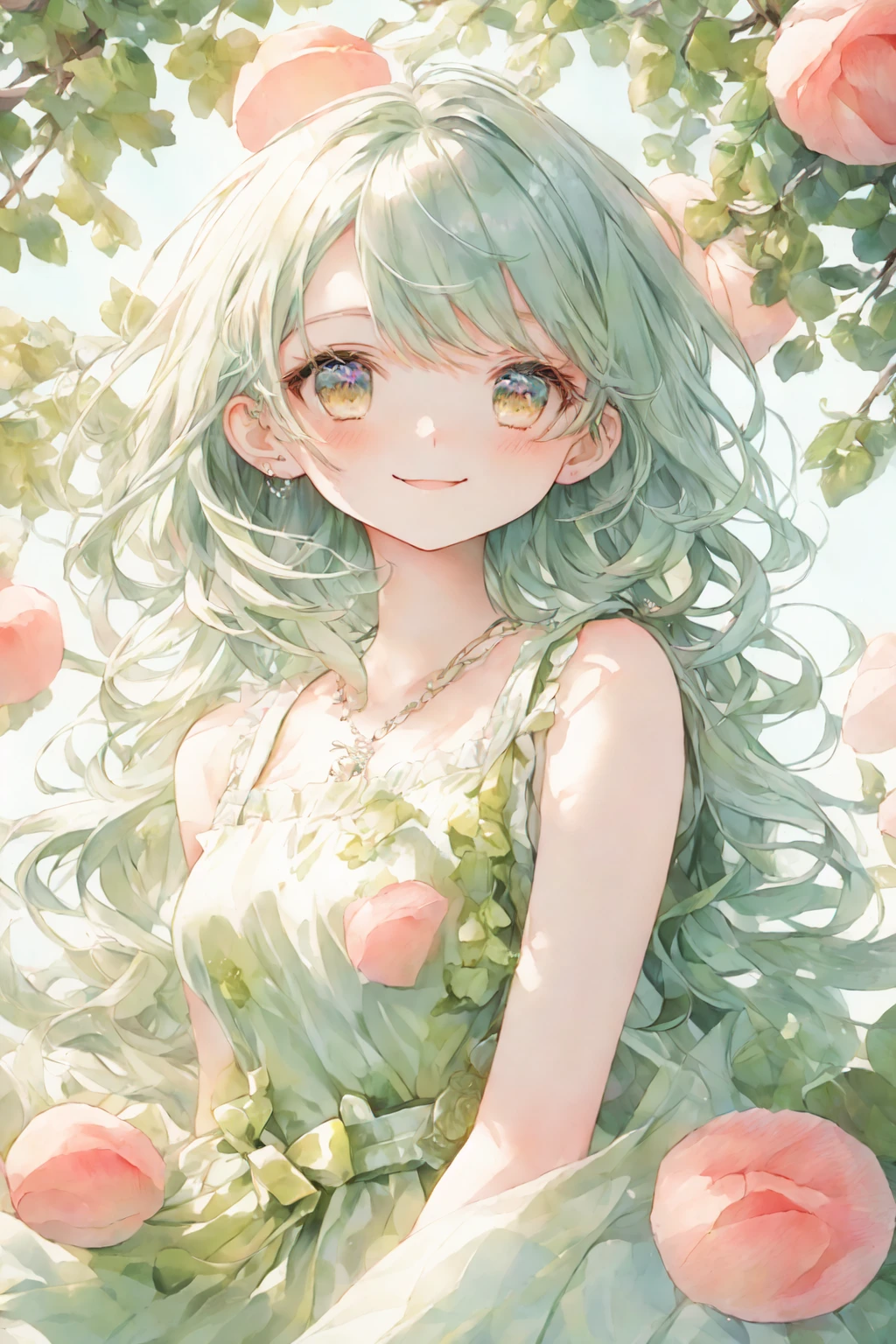 anime smiling girl with long green hair and green dress sitting in a tree, detailed digital anime art, beautiful anime portrait, beautiful anime art style, open mouth, beautiful anime girl, cute anime girl portraits, soft anime illustration, clean detailed anime art, anime illustration, cute natural anime face, beautiful anime artwork, digital anime illustration, beautiful anime style, detailed anime art, detailed portrait of anime girl