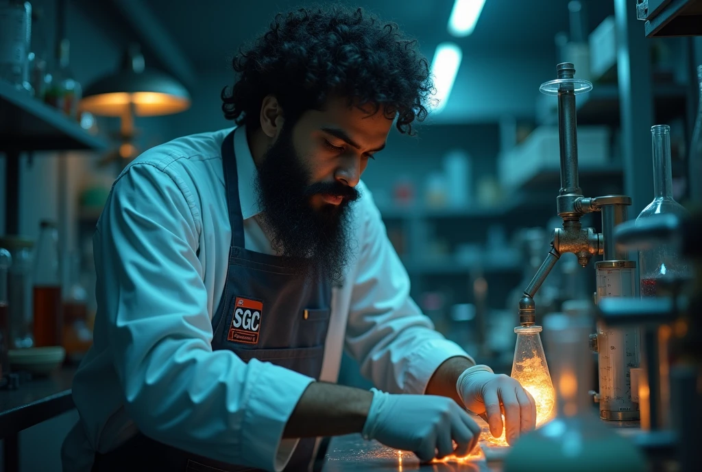 A muscular young man inside a scientific laboratory wearing a lab coat with writing on it "J.Castro team" doing experiments