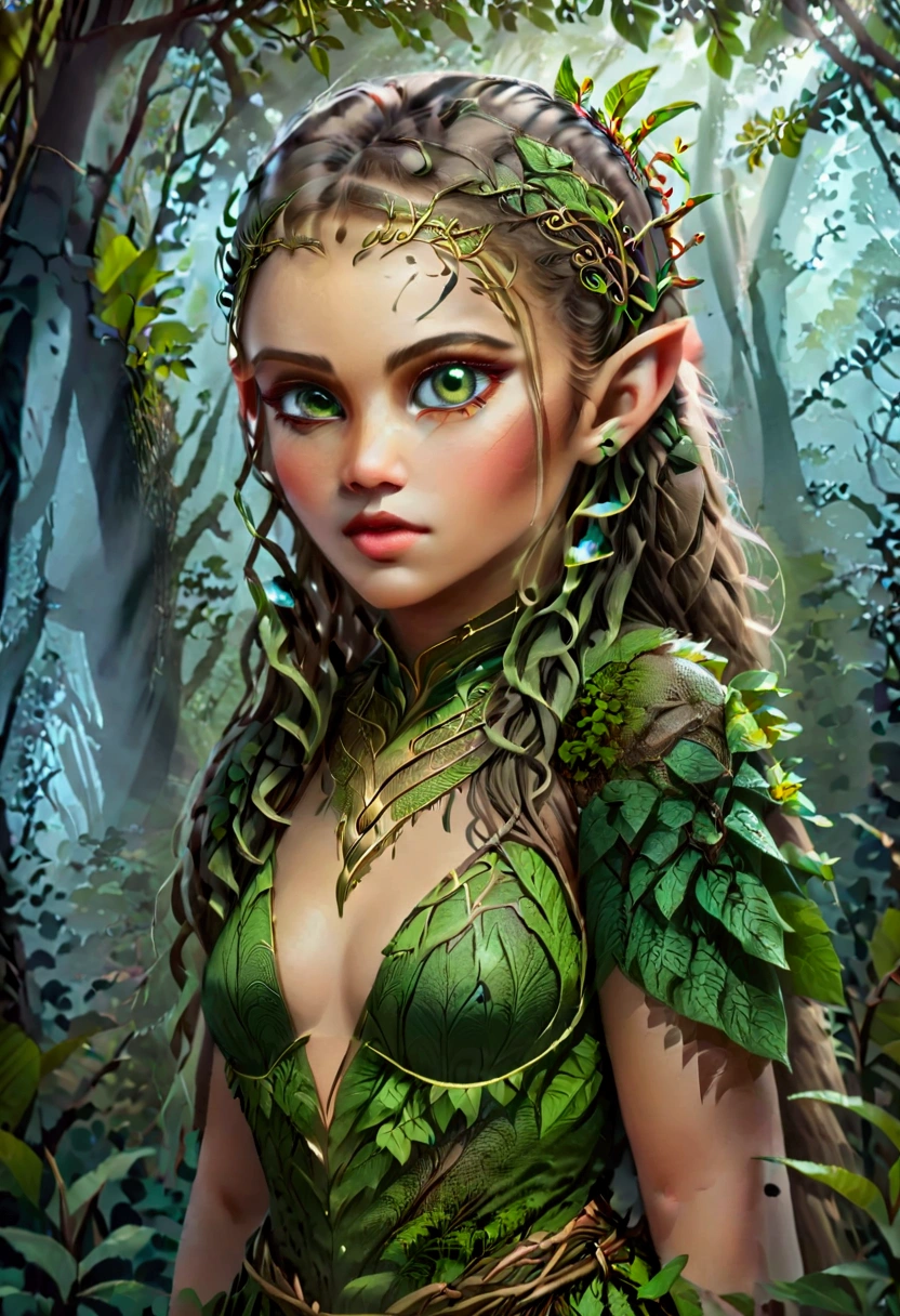 a small Guava humanoid teen Girl 18 years, mysterious wonderland, wearing intricate clothes, mysterious forest, (best quality,4k,8k,highres,masterpiece:1.2),ultra-detailed,(realistic,photorealistic,photo-realistic:1.37),detailed eyes,detailed lips,extremely detailed face,longeyelashes,fantasy,concept art,vibrant colors,dramatic lighting,surreal,magical,ethereal,naked,topless, nice tits,Long elf ears,zähne