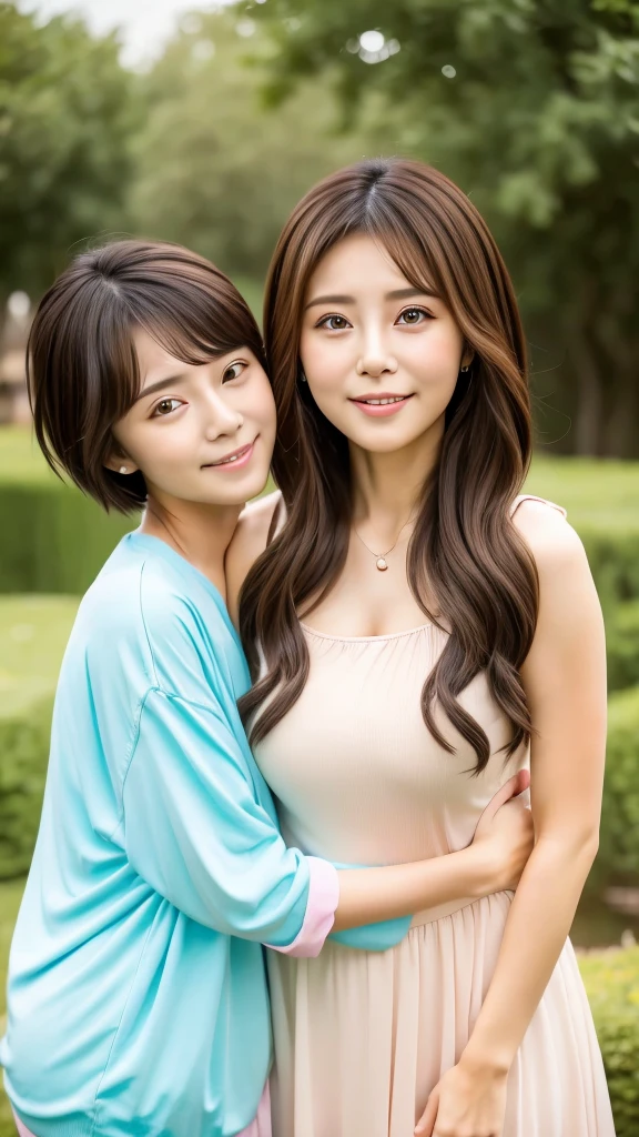 Two women are seeking each other&#39;s bodies in a deep mountain stream。One is 30 years old、The other is 40 years old.、Naked and embracing
