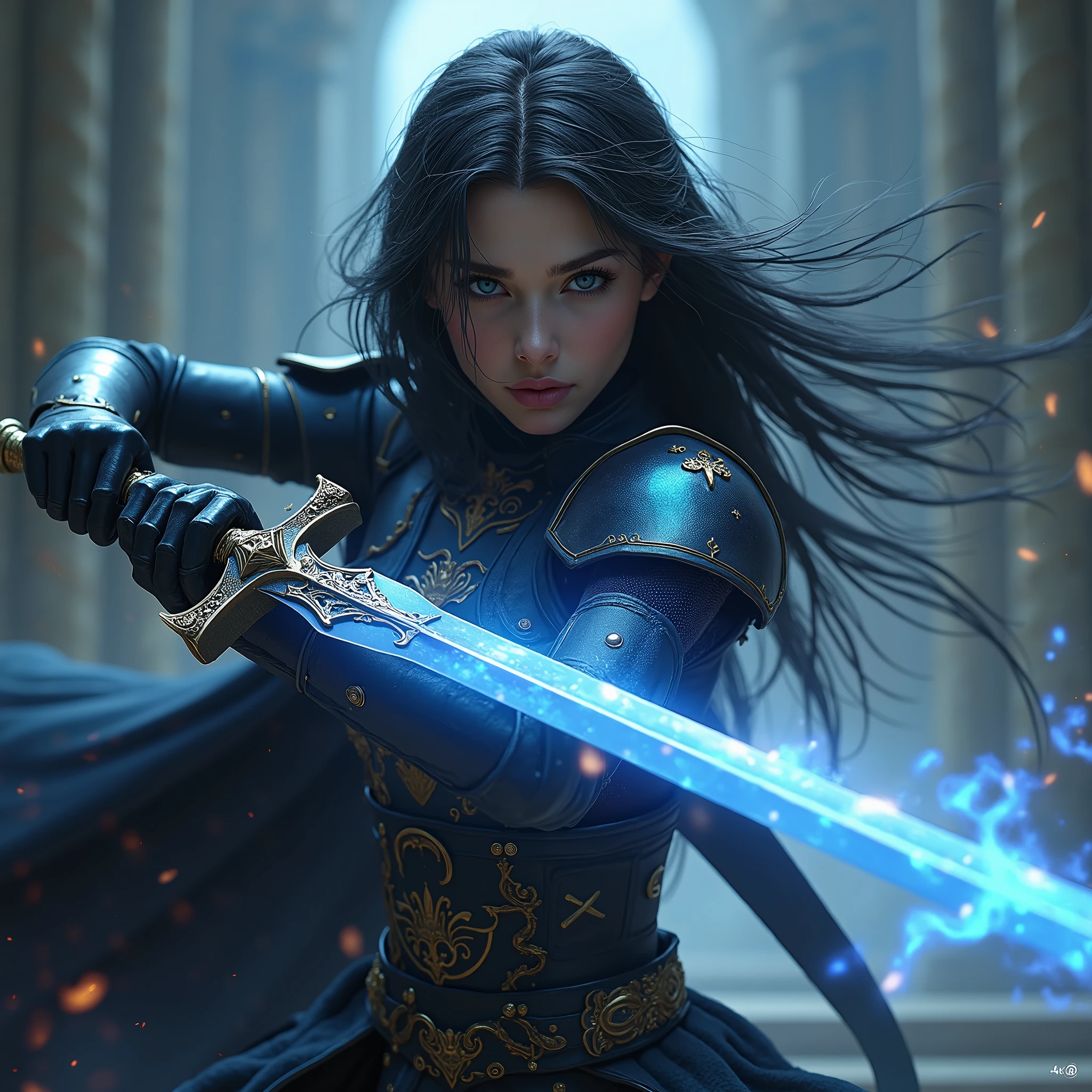 Arafed woman in armor holding a sword in a dark room - SeaArt AI