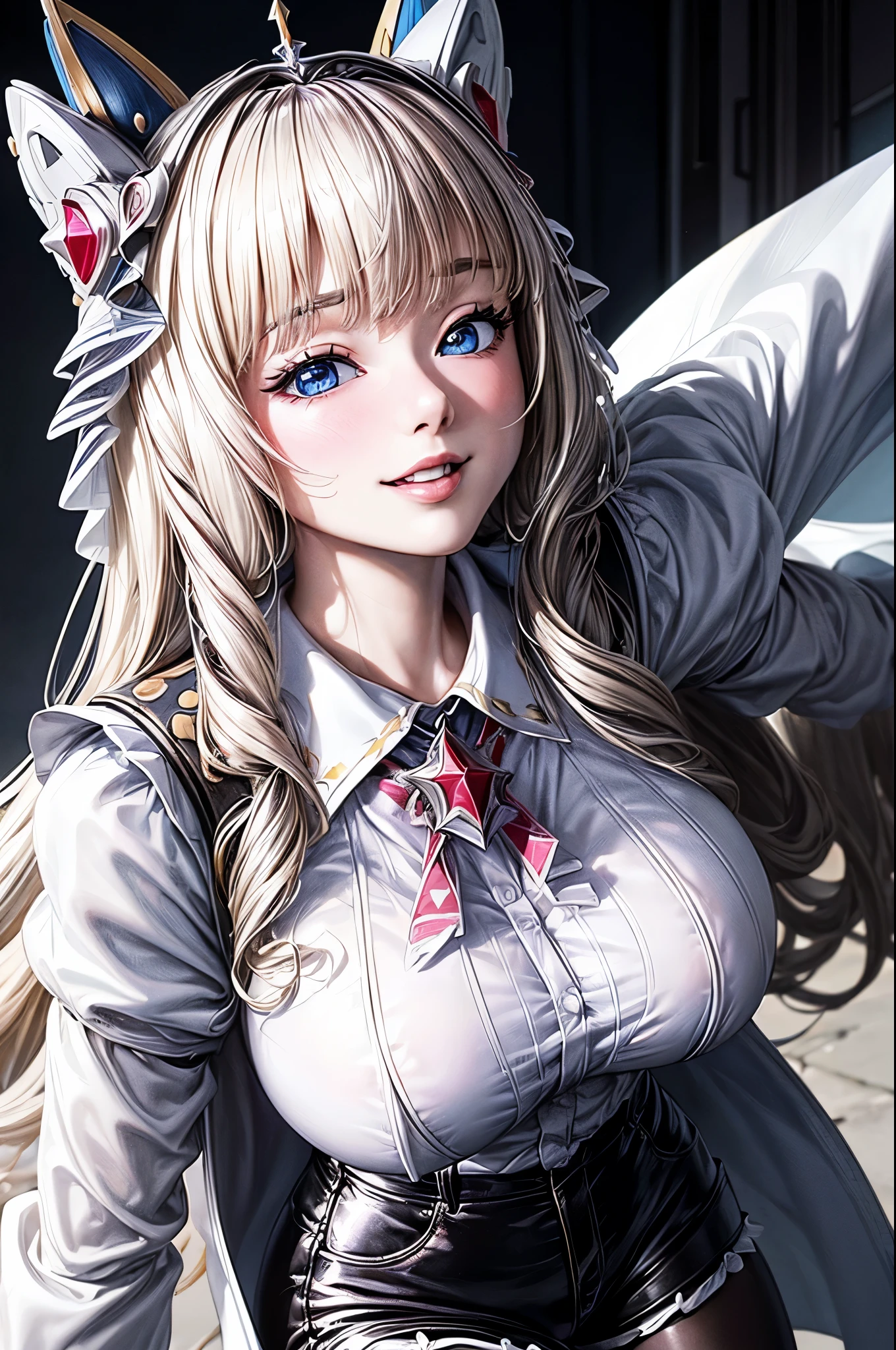 (masterpiece, Best Quality:1.3), (Super detailed:1.4),(Super detailed顔:1.2),(Super detailed目:1.2), (hyperRealistic:1.3), (RAW Photos:1.2), High-definition RAW color photos, Professional photos, (PhotoRealistic:1.4), (Realistic:1.4),8k,Professional Lighting, Perfect Anatomy, break, (Big Breasts:1.6), (blush:1.2), (Bright smile:1.3), detail, Sharp focus, dramatic, dutch angle, nikkecrwn、Tiara、Hair Ribbon、Drill Hair、Drill Rock、White jacket、White shirt、Frilled shirt、brooch、Black high waist shorts、pantyhose、gloves, (sexy pose:1.3)