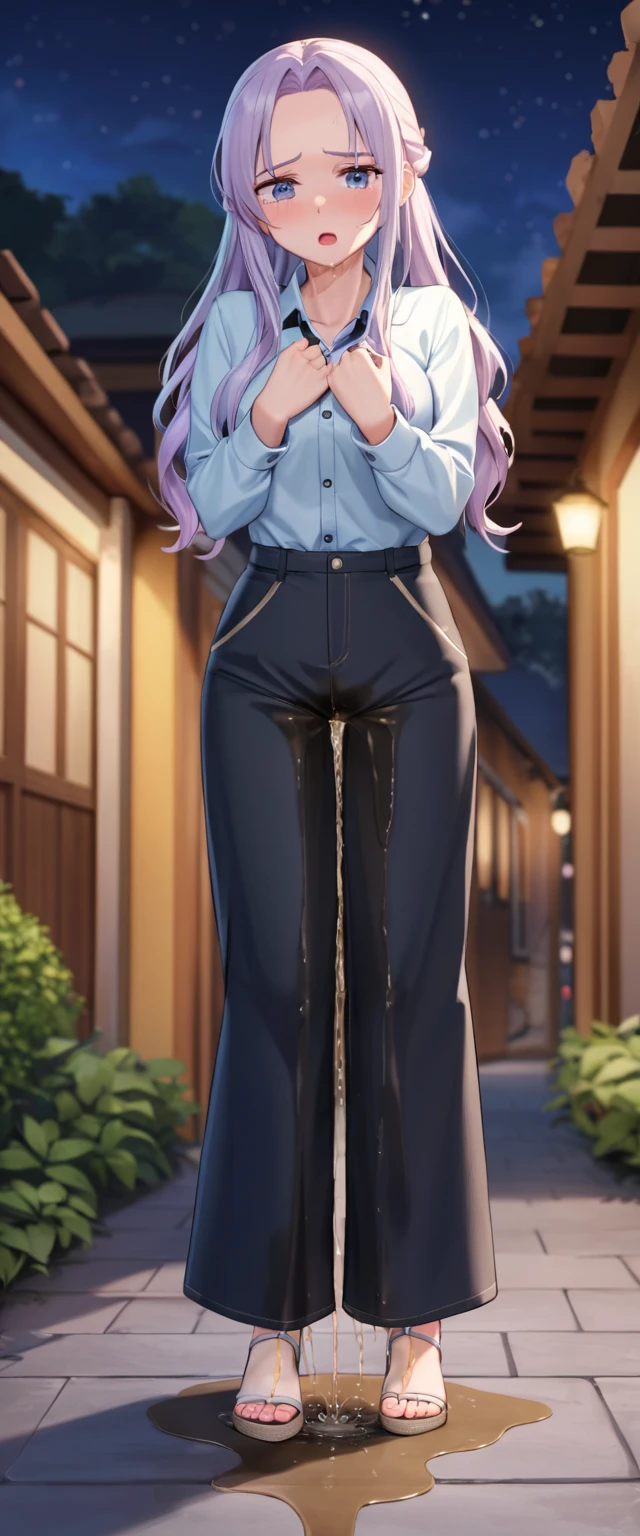 ((masterpiece, best quality)),8k,indoor ,1raiden shogun,mouth_hold,(white shirt:1.2) ,looking at viewer,slim waist, use pantyhose, sexy