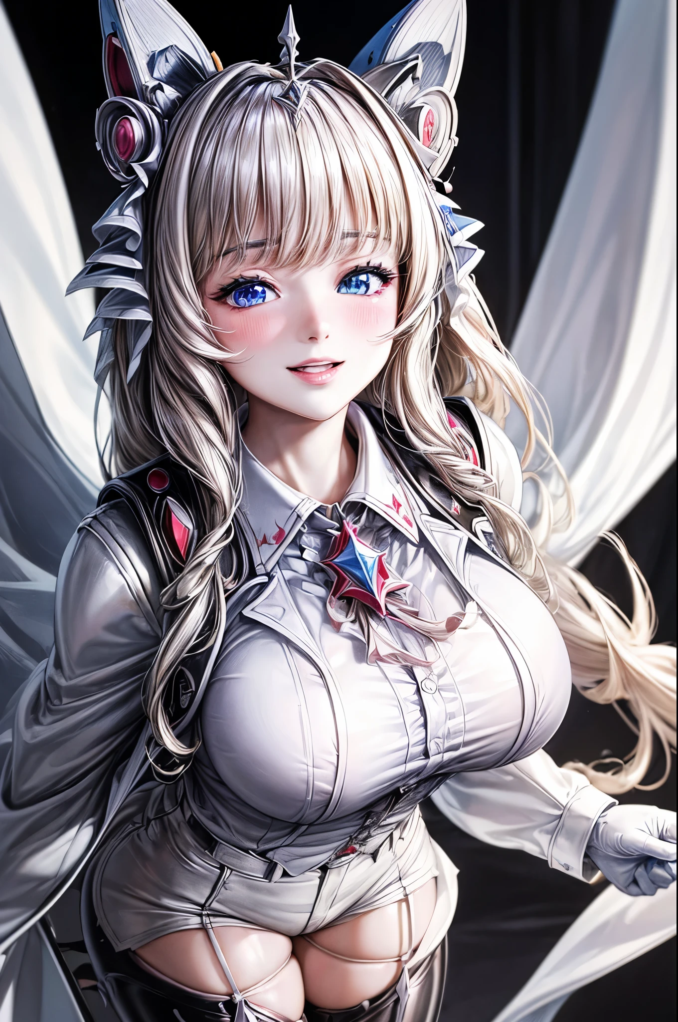 (masterpiece, Best Quality:1.3), (Super detailed:1.4),(Super detailed顔:1.2),(Super detailed目:1.2), (hyperRealistic:1.3), (RAW Photos:1.2), High-definition RAW color photos, Professional photos, (PhotoRealistic:1.4), (Realistic:1.4),8k,Professional Lighting, Perfect Anatomy, break, (Big Breasts:1.6), (blush:1.2), (Bright smile:1.3), detail, Sharp focus, dramatic, dutch angle, nikkecrwn、Tiara、Hair Ribbon、Drill Hair、Drill Rock、White jacket、White shirt、Frilled shirt、brooch、(Black high waist shorts:1.5)、pantyhose、gloves, (sexy pose:1.3)