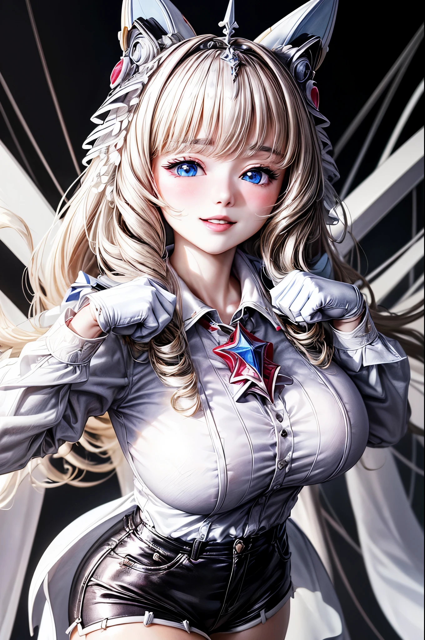(masterpiece, Best Quality:1.3), (Super detailed:1.4),(Super detailed顔:1.2),(Super detailed目:1.2), (hyperRealistic:1.3), (RAW Photos:1.2), High-definition RAW color photos, Professional photos, (PhotoRealistic:1.4), (Realistic:1.4),8k,Professional Lighting, Perfect Anatomy, break, (Big Breasts:1.6), (blush:1.2), (Bright smile:1.3), detail, Sharp focus, dramatic, dutch angle, nikkecrwn、Tiara、Hair Ribbon、Drill Hair、Drill Rock、White jacket、White shirt、Frilled shirt、brooch、(Black high waist shorts:1.5)、pantyhose、gloves, (sexy pose:1.3)