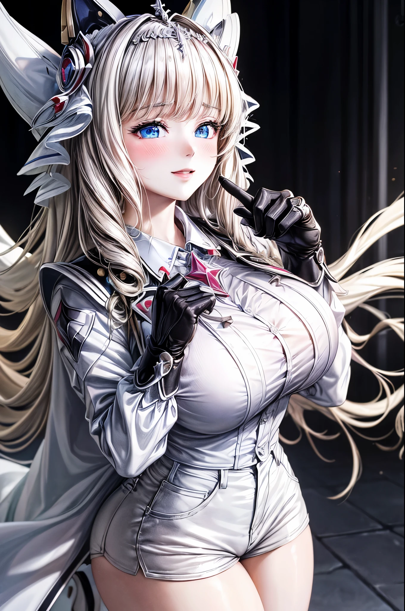 (masterpiece, Best Quality:1.3), (Super detailed:1.4),(Super detailed顔:1.2),(Super detailed目:1.2), (hyperRealistic:1.3), (RAW Photos:1.2), High-definition RAW color photos, Professional photos, (PhotoRealistic:1.4), (Realistic:1.4),8k,Professional Lighting, Perfect Anatomy, break, (Big Breasts:1.6), (blush:1.2), (Bright smile:1.3), detail, Sharp focus, dramatic, dutch angle, nikkecrwn、Tiara、Hair Ribbon、Drill Hair、Drill Rock、White jacket、White shirt、Frilled shirt、brooch、(Black high waist shorts:1.5)、pantyhose、gloves, (sexy pose:1.3)