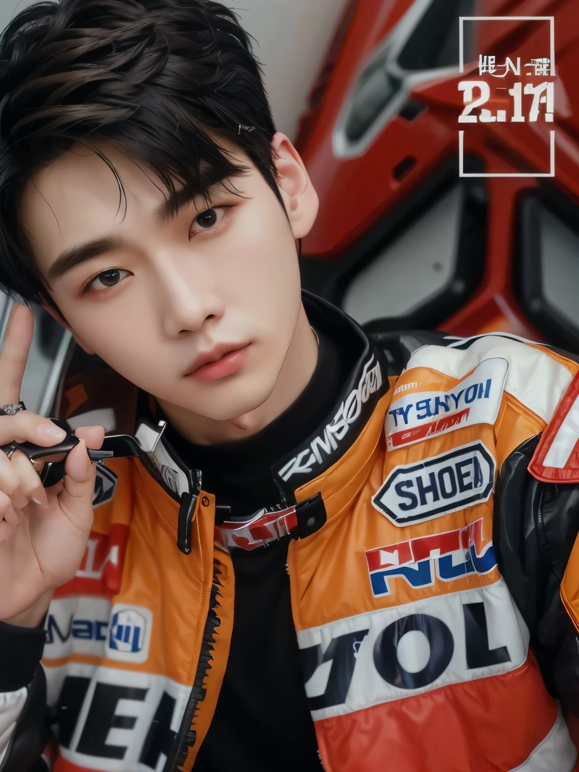 a close up of a person wearing a motorcycle jacket and holding a cell phone, kim doyoung, cai xukun, kimi vera, jungkook, taejune kim, inspired by Kim Deuk-sin, inspired by Kim Hwan-gi, 🚿🗝📝, sakimichan, kim jung giu, inspired by Kun Can, jinyoung shin, kim hyun joo