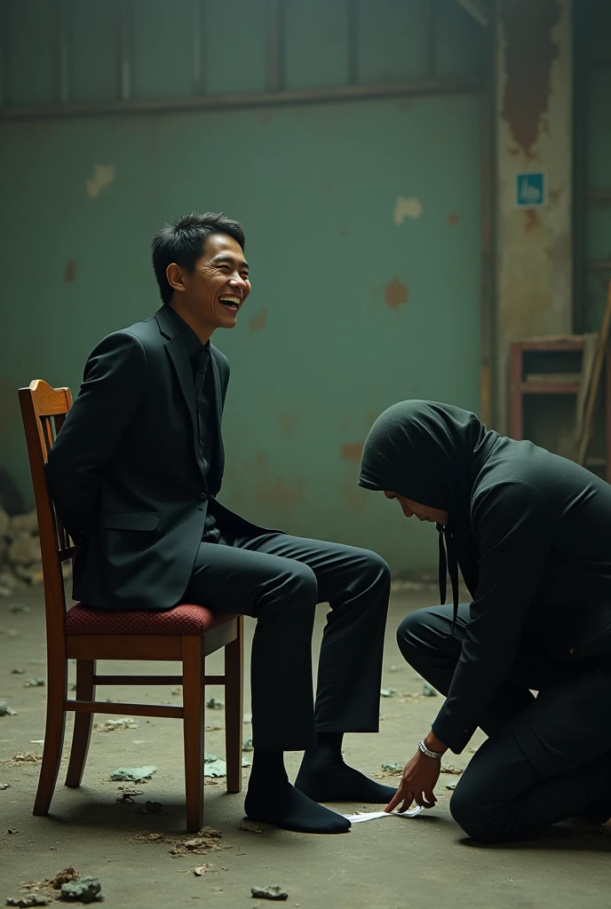 Malaysia malay handsome  19 years  student 
He laugh very hard
His hand handcuff in  abondon warehouse 
Blindfolded
handcuff
Casual Outfit Black Vase White Tie
Focus sweaty feet on desk
feather duster on desk
Black  dirty sock on desk
2  evil mafia 
Rub his feet
