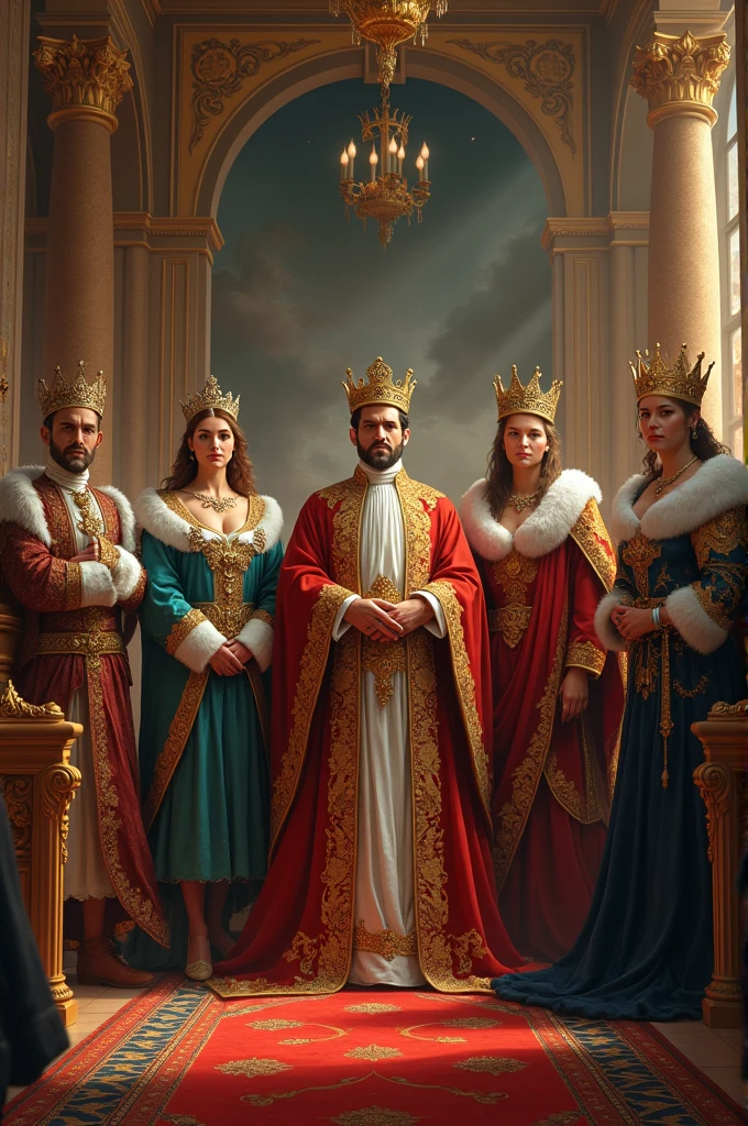gumawa ng picture na may hari at reynang nakaupo sa crown seat at ang suot ay pang reyna at hari. sa likod ng hari ay isang prinsepe kasama ang kaniyang kasintahan, sa likod naman ay isang prinsepe at isang kawal
