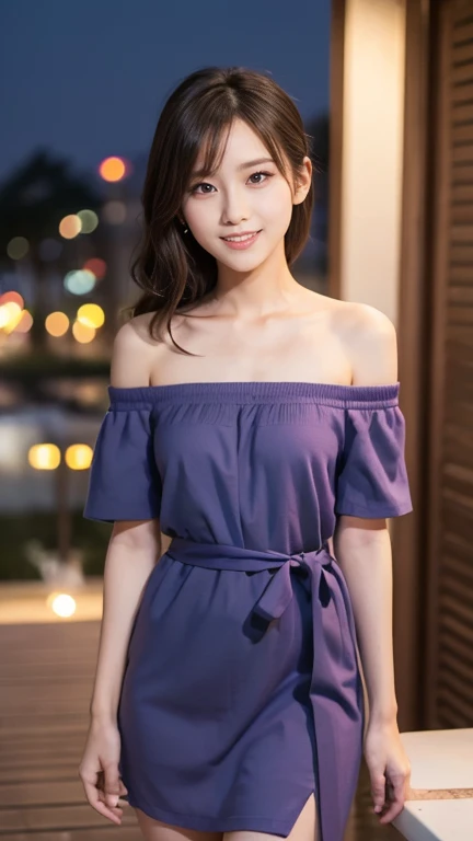 1 Girl, (Wearing a rainbow dress:1.2), (Supercluster), Very beautiful Japanese idol portraits, (RAW Photos, Highest quality), (Realistic, Realistic:1.4), (masterpiece), Very delicate and beautiful, Very detailed, 2k wallpaper, wonderful, finely, Very detailed CG Unity 8K wallpaper, Very detailed, High resolution, Soft Light, Beautiful detailed girl, Very detailed目と顔, Beautiful and sophisticated nose, Beautiful and beautiful eyes, Cinema Lighting, (Fashion magazine photography:1.3), (Outdoor), (night lighting), (Waterfront), (short hair), Complete Anatomy, Slender body, Small breasts, smile