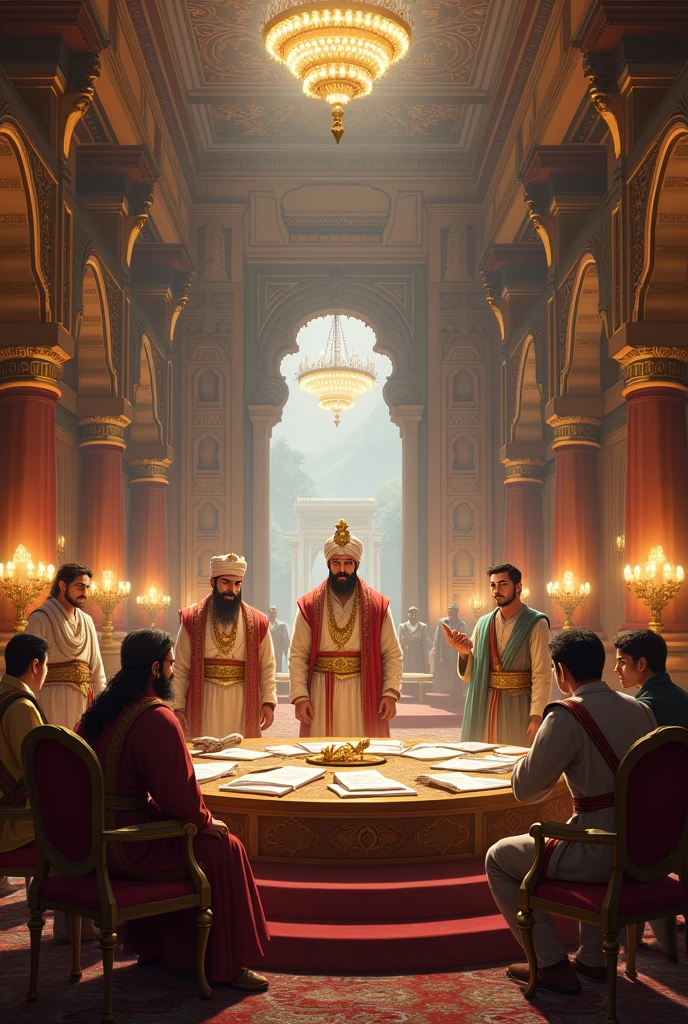 :** An illustration of Maharaja Ram Singh in a meeting with his administrative and judicial officers, discussing reforms or strategies. The setting should highlight the organizational structure and the emphasis on transparency and accountability.in Dall e-3 style 
