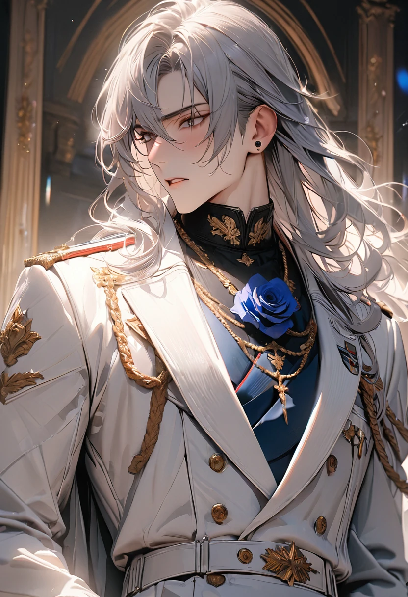 (masterpiece, high details, best quality, highres, 8k), male１Man and one woman, White navy hat, White coat, White military uniform, Silver Hair, Long Hair, Blue rose on chest:1.5, Black boots, White Skirt