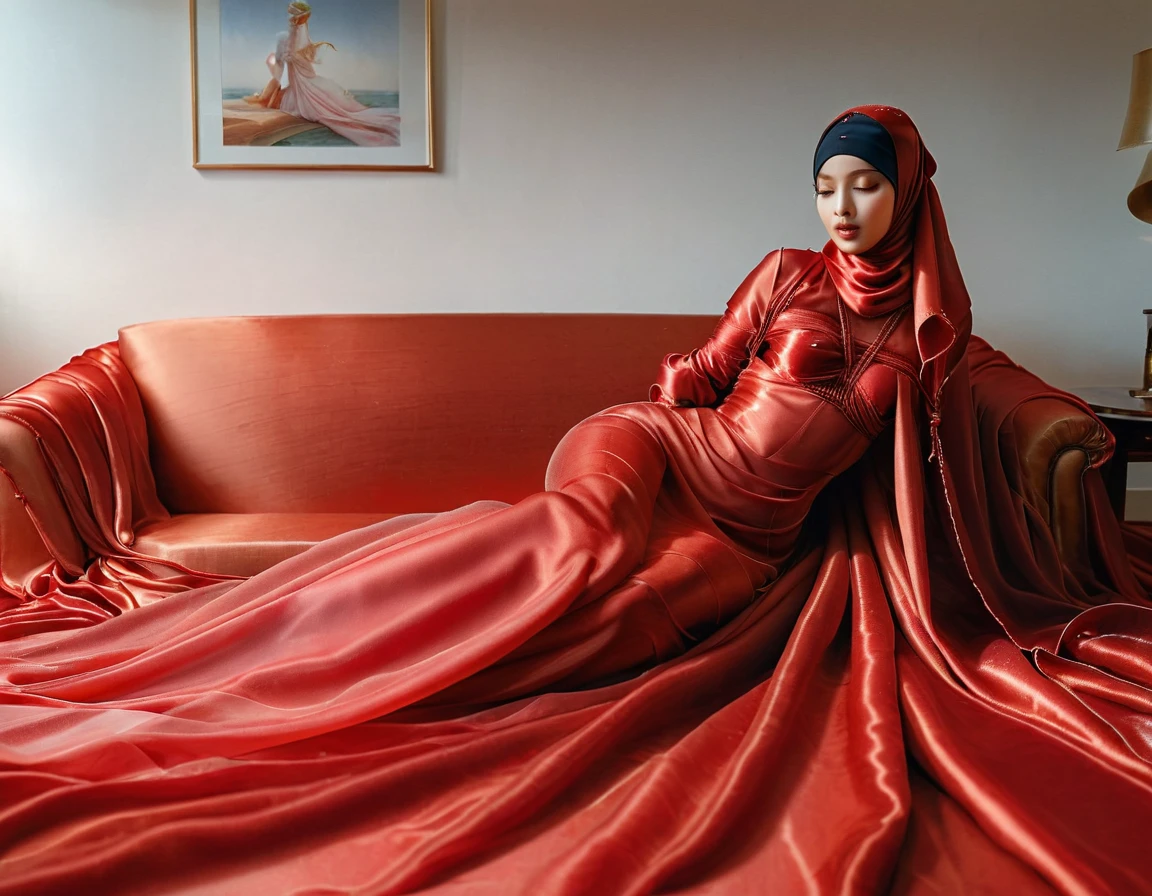 woman shrouded in a 10-meter-long, plush red semi transparent satin shimmer cloth, tightly bound and grandly draping along the form of her body, flowing off into a pooled floor-length train, styled in a mermaid-inspired outfit, her head modestly veiled in a satin hijab,sitting in long sofa,in office, a full-body pose conveying a sense of mysterious elegance, captured in a 4k resolution, ultra-realistic