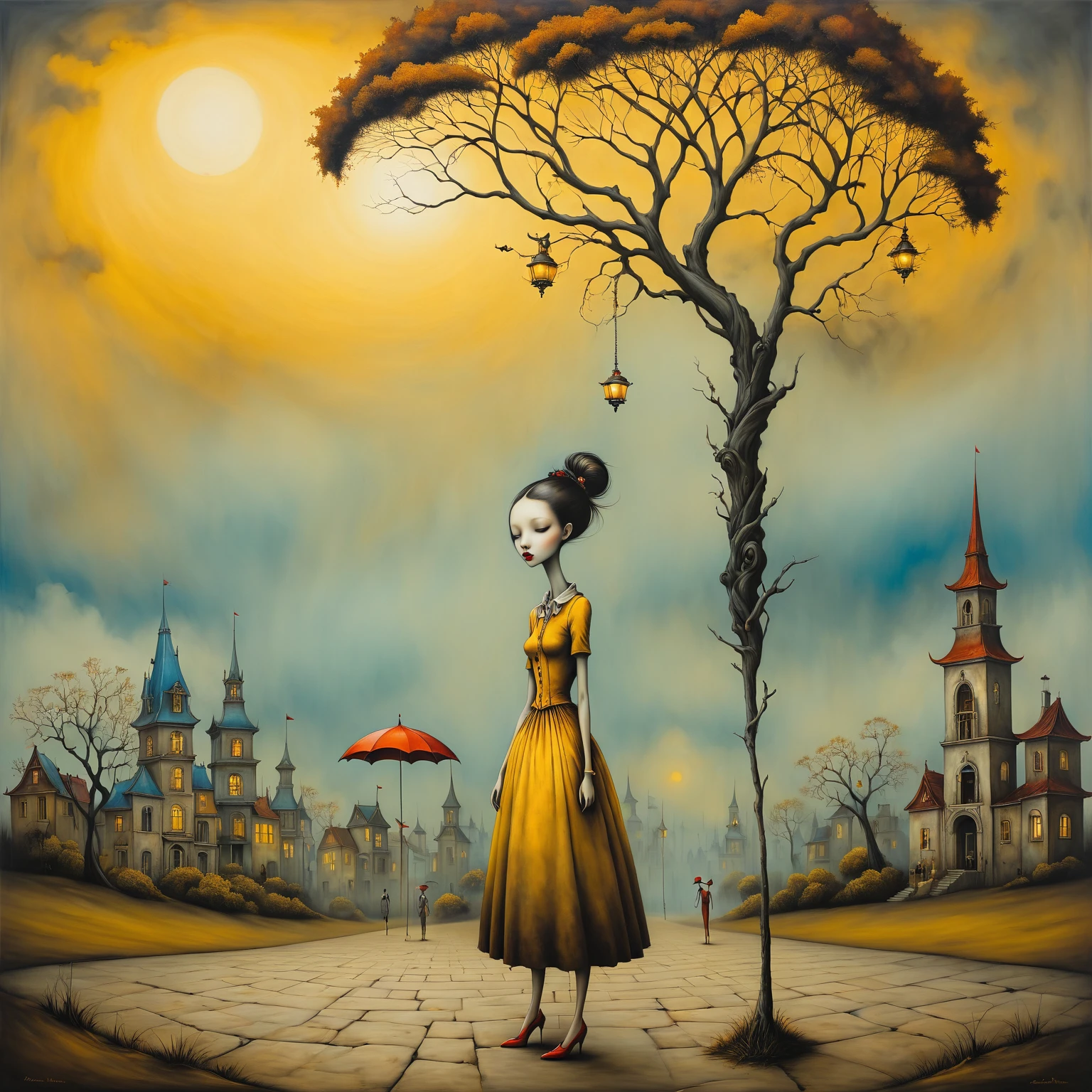 In the foreground of the surreal scene are depicted people with faces erased as if by an eraser, they wander with canes for the blind to the twilight city, where in the center there is a golden tree with eyes growing on the branches, which seem alive and scrutinizing the surrounding world, creating an atmosphere of mystery. Against the background of a twilight city, where subtle shadows immerse the viewer in a world where the visible and invisible intertwine. The overall aesthetic is otherworldly and enchanting. An aesthetic of surrealism, whimsical contrast, and surreal elements. esao andrews : : ornate, style of esao andrews, andrews esao artstyle, Benjamin Lacombe, by Esao Andrews, by ESAO, !!!esao andrews!!!, inspired by Esao Andrews, emotional surrealist art, Ray Swanland, inspired by ESAO, The color palette includes sepia, Neapolitan yellow, hematite, burnt sienna, natural carmine, light cobalt green, cobalt blue and bright gold for outlines