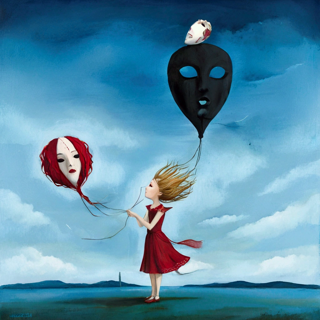 A whimsical watercolor painting by the artistic duo of Nicoletta Ceccoli and Brian Despain. a young woman with dark blond hair energetically holds threads in her hand to which are attached several masks floating in the sky, creating a visual contrast between the fragility of the threads and the lightness of the masks. The masks should represent the girl's different emotions, such as joy, sadness, anger and surprise, with expressive details. The sky in the background should be a mix of blue-green hues, suggesting a dreamlike and surreal atmosphere.
