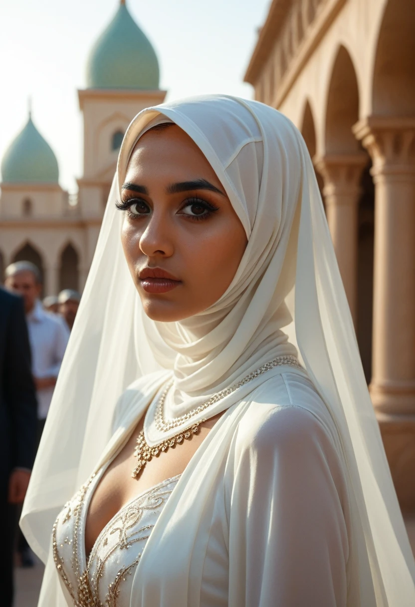 High-resolution image of an Indonesian Muslim woman standing facing forward, wearing a neat hijab, wearing a white veil and long white abaya with ihram clothing, in front of the Ka'bah during the day, with many people in the background .photorealistic, 8k, hyperdetailed, cinematic lighting, dramatic pose, intricate details, hyper realistic, concept art, fantasy, digital art, vibrant colors, beautiful detailed eyes, beautiful detailed lips, extremely detailed eyes and face, long eyelashes, highly detailed face, realistic human anatomy, elegant dress, gorgeous scenery, magical elements, otherworldly landscape, dramatic lighting, intricate details, stunning colors