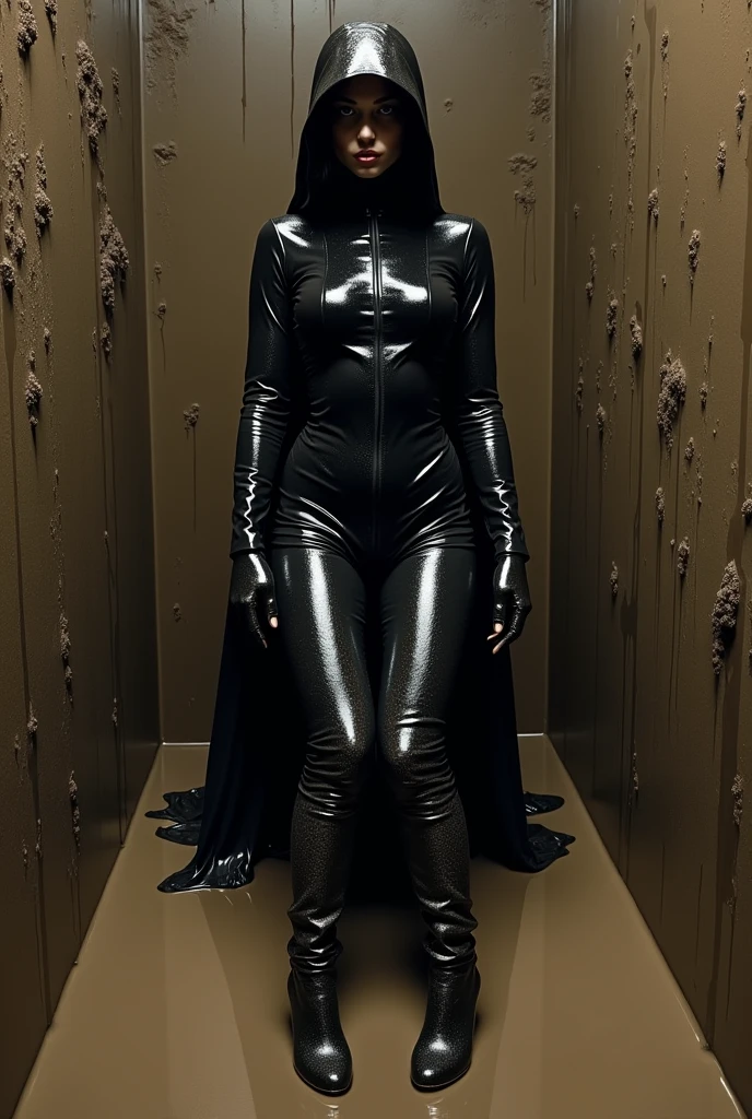 3 women wearing latex people wearing hoods and kidnapping a woman blindfolded and tied up in a bank