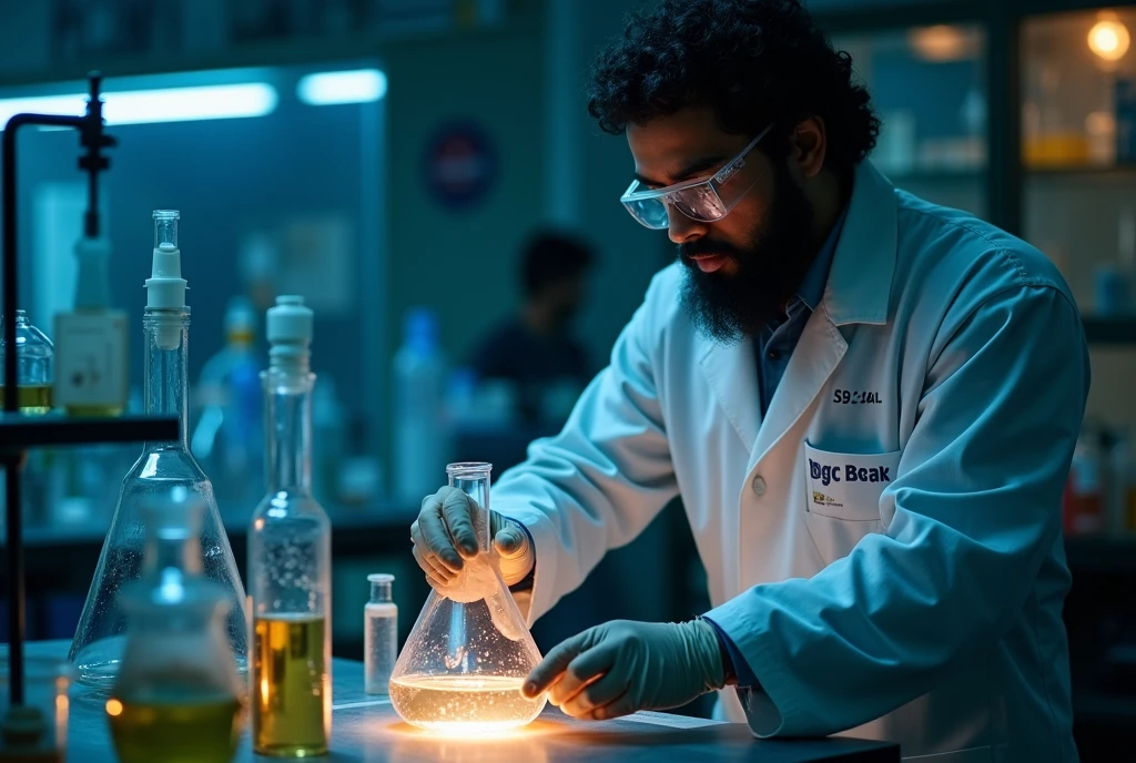 A 5'3" tall man.His face is Bangladeshi.He is Bangladeshi brown student. His age is 23 year with brown complexion, light curly medium black hair and a very long curly beard, wearing an lab apron and gloves, is doing a chemical reaction on lab. Show: There is a 91 roll stamp and the SGC logo on his apron . He is in a dimly lit laboratory. 8k quality, Cinematic photograph,Realstic,masterpiece,details 