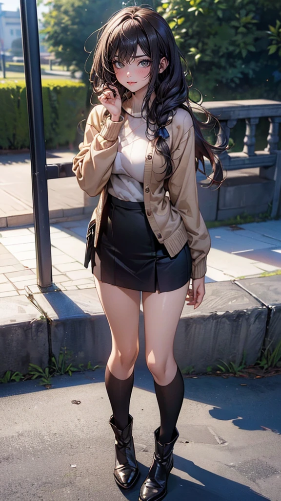 1girl, ((full body)), solo, summer, village, trees, sun, clouds, ((chestnutl hair)), long hair, twintail, large breasts, ((black blazer)), button down shirt, ((white shirt)), ((short sleeved shirt)), ((unbuttoned shirt)), unbuttoning buttons, cleavage 1:3, brown eyes, skirt, grin, looking at the viewer, standing, touching neck, hair ribbon, golden necklate, hands on hip