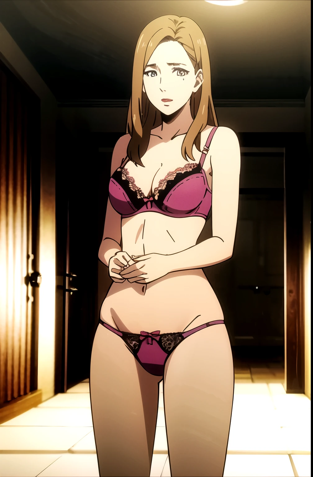 Best Quality, Ultra-high resolution, Alone, One girl, Yoko Sato, medium breastst, (pink lace bra), (pink lace thong), standing, looking at viewer, cowboy shot, indoor