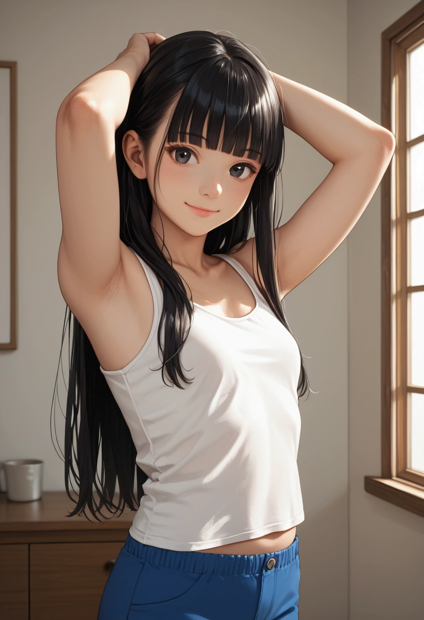 (score_9,score_8, score_8_up,score_7_up, score_6_up, score_5_up, score_4_up,Exquisite detailed:1.1)(water color:1.2)(photorealistic:0.2)tareme,Japanese,black hair,long hair,blunt bangs,black eyes,small breasts,white tank top,blue pants,closed eyes,smile,arms up,sittinging,room