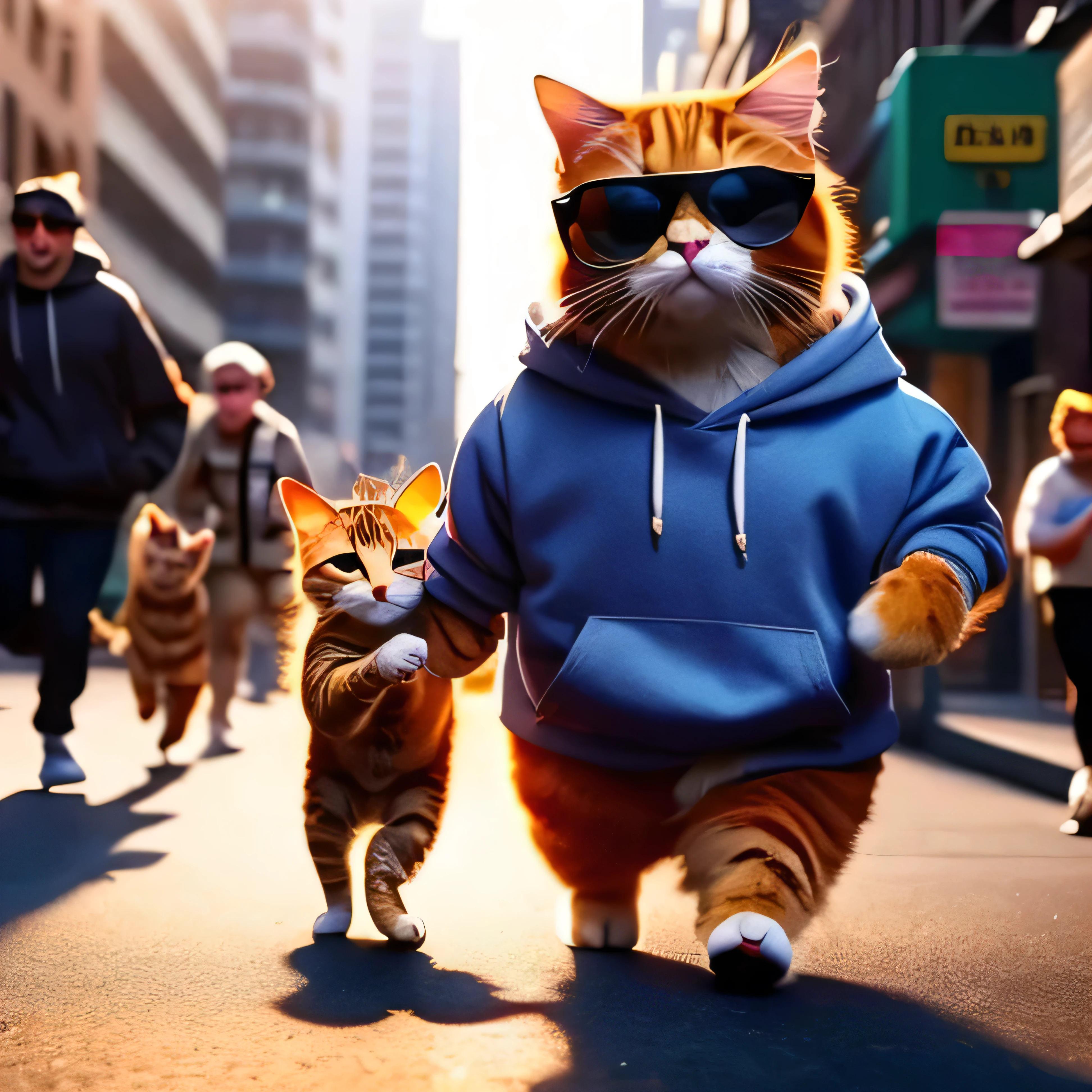 no humans, animal focus, hood, blur, outdoor on the street, animals, gang of cats, hoodie, baseball bat, sunglasses, walking, realistic, whiskers, blurred background, photo background
