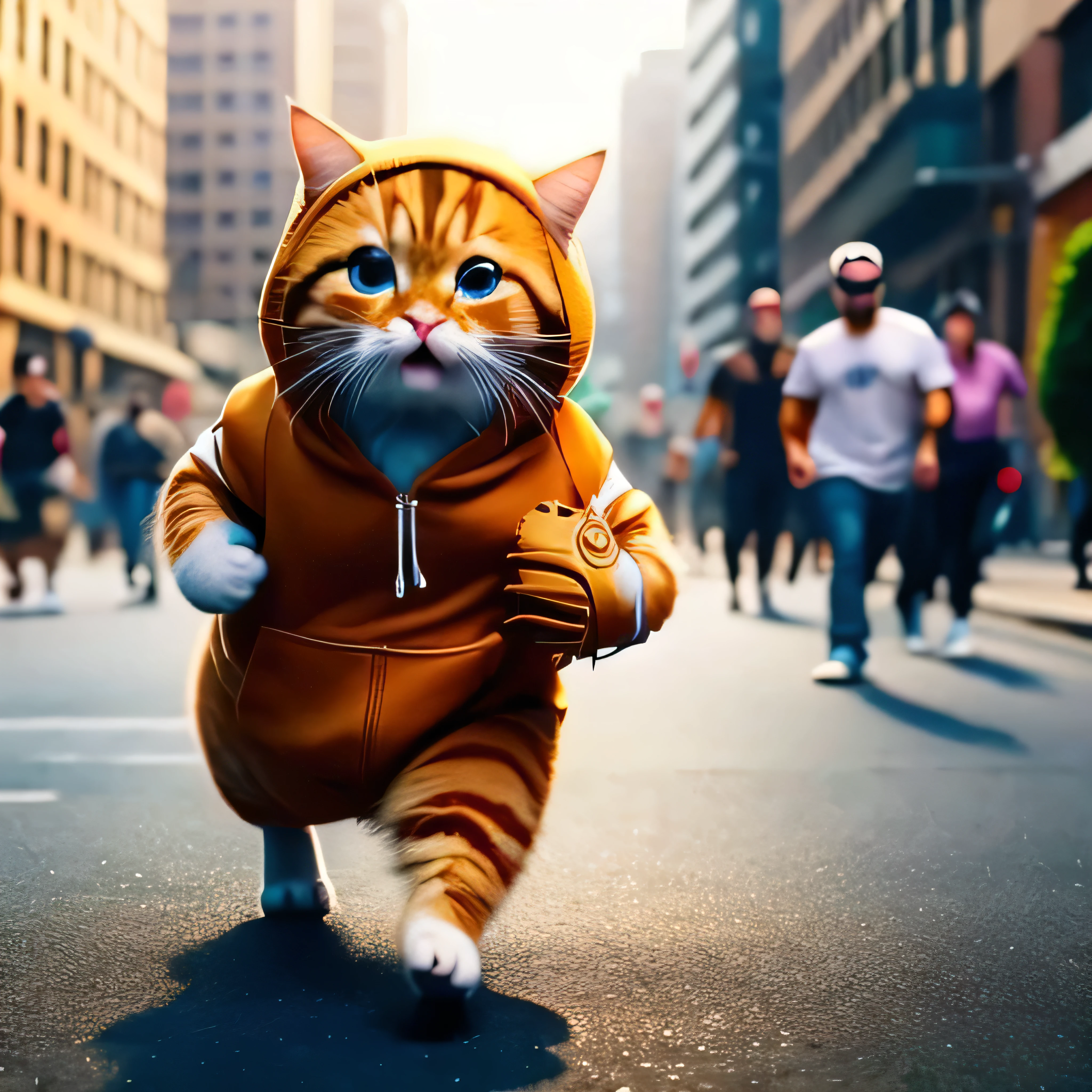 no humans, animal focus, hood, blur, outdoor on the street, animals, gang of cats, hoodie, baseball bat, sunglasses, walking, realistic, whiskers, blurred background, photo background