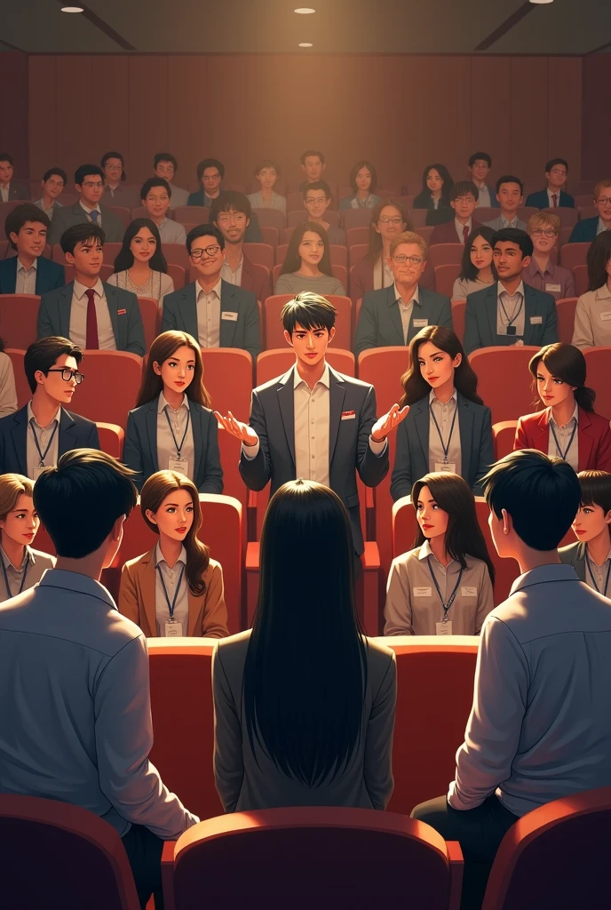 In the auction hall, rows of luxurious seats, cinema-like seats, floor by floor, sitting rich businessmen from all over the world, men and women, all with shocked faces, waving, opening their mouths in surprise, excited expressions, lighting, similar to cinema scenes, colorful, magnificent, master works, super high details, masterpieces, the best picture quality