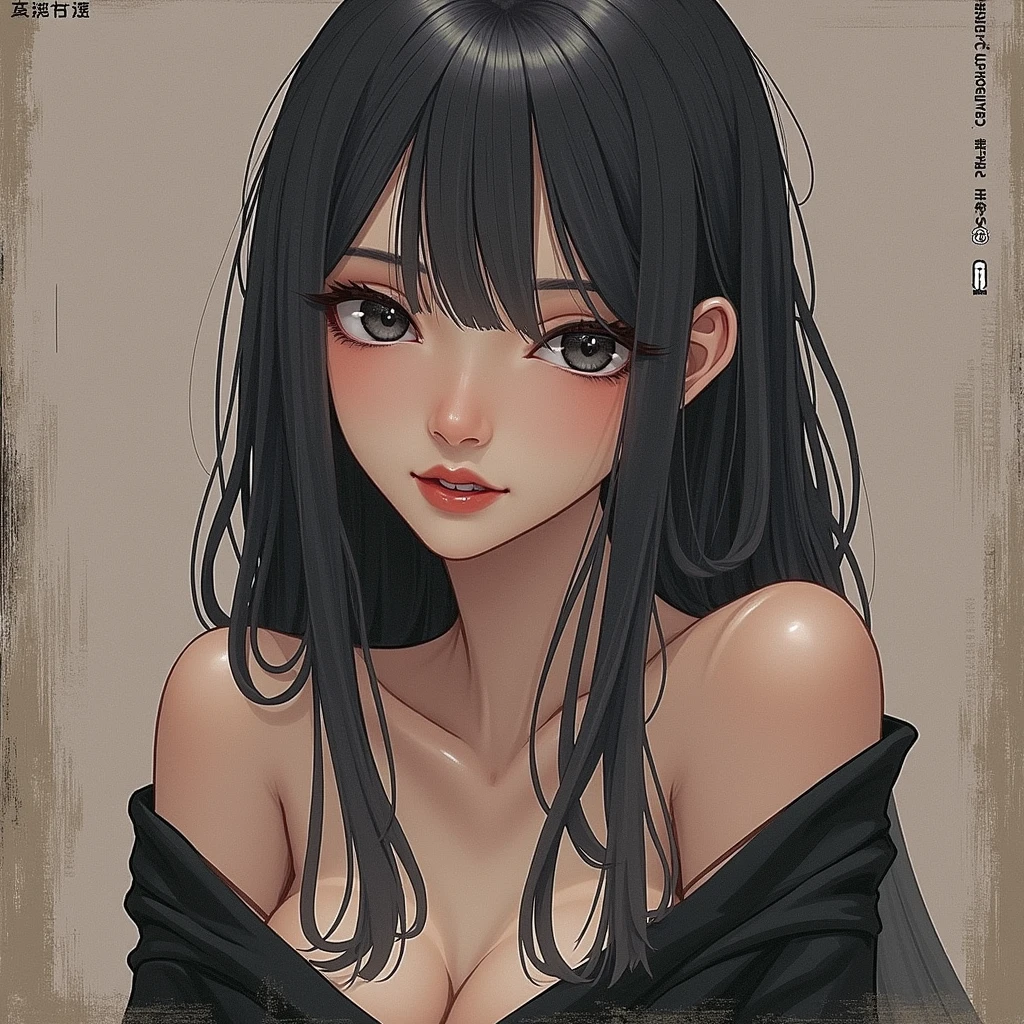 a cartoon of a woman with a black top and a tattoo on her chest, female with long black hair, vector style drawing, woman with black hair, girl with black hair, very sexy woman with black hair, realistic female portrait, an asian woman, detailed face of a asian girl, vector drawing, asian woman, with long hair and piercing eyes