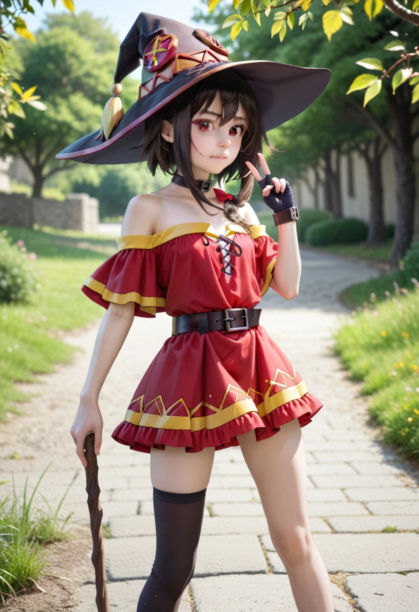 1 girl, megumin, facing away from camera, (grinding on staff), black and yellow dress is being blown up at back by wind exposing her black lace panties, embarrassed face, short dress, thighhighs, gloves, hat,red dress, black gloves, belt, black thighhighs, fingerless gloves, cape, collar, witch hat, bandages, red dress, single thighhigh, asymmetrical legwear, bandaged leg