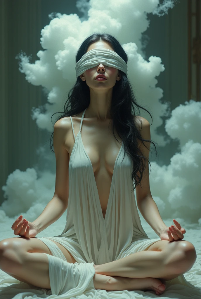 Gorgeous busty ANGEL, ethereal shape, sexy and sultry, hair tied in a bun, completely naked, without clothes, full length, beautiful figure, fantasy Dream Art, reminiscent of a mixture of steampunk and futurism, silhouette of smoke and fog, play of shadows, top view, light, fog, mood, mystery, shiny hair, earthy, bright, abstract neuronalism, cinematic, film light, hyper-detailed, hyper-realistic, masterpiece, atmospheric, high resolution, bright, high contrast, dark corner, 8k, HDR, 500px, FUJIFILM, bokeh
