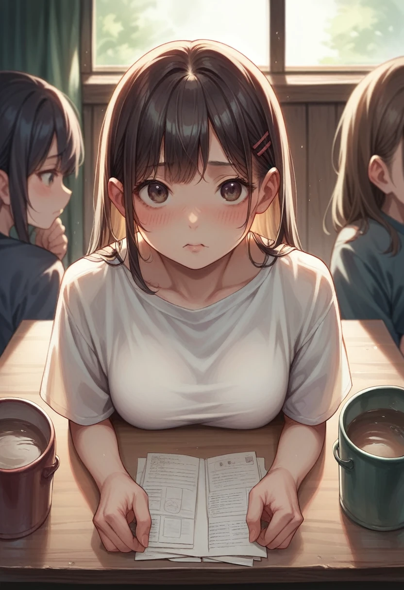 masterpiece, best quality, very aesthetic, absurdres, newest, 2girls, asymmetrical bangs, tareme, blush, drunk, young adult, short black hair, frustrated expression, looking down, concerned friend, casual clothes, dimly lit room, empty bottles, scattered papers, dark and oppressive atmosphere, neglected messy office, sitting, upper body shot