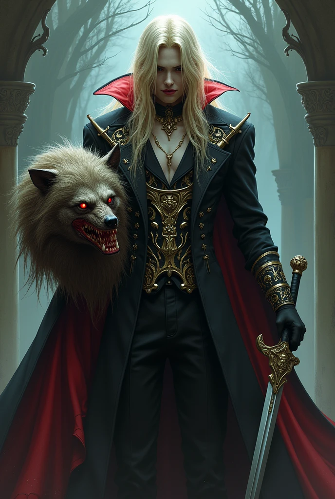 1 male, handsome, pale skinned, wolf ears, (24-year-old male figure), royal, light blonde hair (low hair), 1 blue eye, 1 red eye, open mouth (see sharp fangs), elf ears, waiting for a wolf tattoo on the left chest, nude, with a six-pack, muscles, background detail, castle, silver forest ma, dark black smoke vapor, evil power