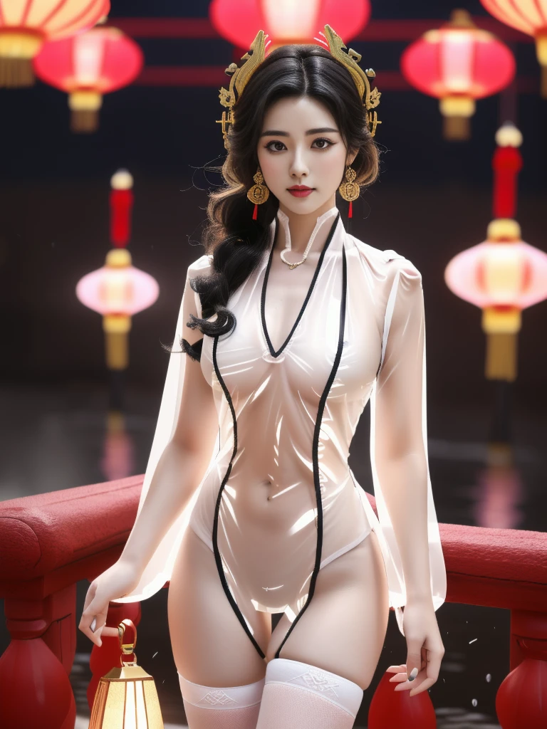 一个有着美丽脸庞的Sexy中国华裔女孩, Wearing revealing clothing, ((Light theme, Expose the subject))
(((Heavy rain, Future City Hot Springs, Spring Festival Decorations))),
((8K Ultra HD, 8K, Ultra-high resolution, Best quality, Super Fine, Clear focus. Masterpieces, complete pattern, Ultra HD, Detailed photos, Best image quality，Ultra-clear，Delicate facial features，Well-defined, Highly rated works, Close-up depth of field photography, Above the knee)), 
((Creating the image of a real girl), Realistic shadows, Soft lighting, Dynamic Angle, Dynamic poses, Elegant Posture, Cowboy lens, Full body front view, Be confident, Facing the camera, Eyes looking towards camera lens, Standing posture, Open your legs slightly, Golden Ratio Graphics, Minimalism, Center the character), 
( Smile, Sexy的, Balanced Eyes, Realistic eyes, Beautiful details of the eyes,Pretty Face, (Realistic face), Normal facial features, Realistic skin, Pay attention to skin details, Skin is clean and radiant, Whitening, Anatomically correct body, Golden ratio figure, Sexy的身材), 
(Perfect makeup, Gloves, earrings, bracelet, necklace, Jewelry, Hair accessories, shawl, sock, Knee socks, 吊garter, Leg ring, garter, 腿部garter), 
((beautiful hair), Dark black hair, Wavy curly hairstyle, Waist-length hair, Messy Hairstyle, Gradient hairstyles, Cyberpunk Hairstyle, High double ponytail hairstyle), 
((Transparent clothes: 1.5), (Revealing clothes: 1.5),  (Wet clothes:1.0), (Color of clothes: Dreamy pink), Wearing transparent clothing), 
(Sexy的, Perfect breast shape, Teardrop chest shape, Snow-white breasts, Very detailed breasts, 36B cups), 
(Super high waist, Deep V, Low-cut, Sexy, Flattering, Open crotch, (Camel toe, High fork strangulation))