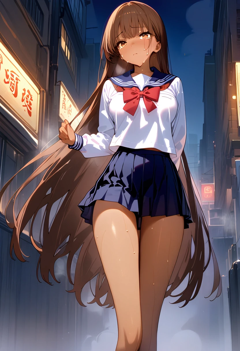 ((masterpiece,best quality anime:1.3,Best Quality)),cowboy shot,portrait,1woman,(young adult),long straight hair,bangs,brown hair,((very small head:1.4)),brown eyes,gorgeous eyes,tears,Look down、medium breasts,(((very long body:1.4))),((tan skin)),(School uniform、White sailor suit、Long sleeve、Navy blue sailor collar、red bow),((Navy blue pleated skirt)),slender body,skinny,sweat,steaming body,standing,on street,neon、night、Shibuya、from front,