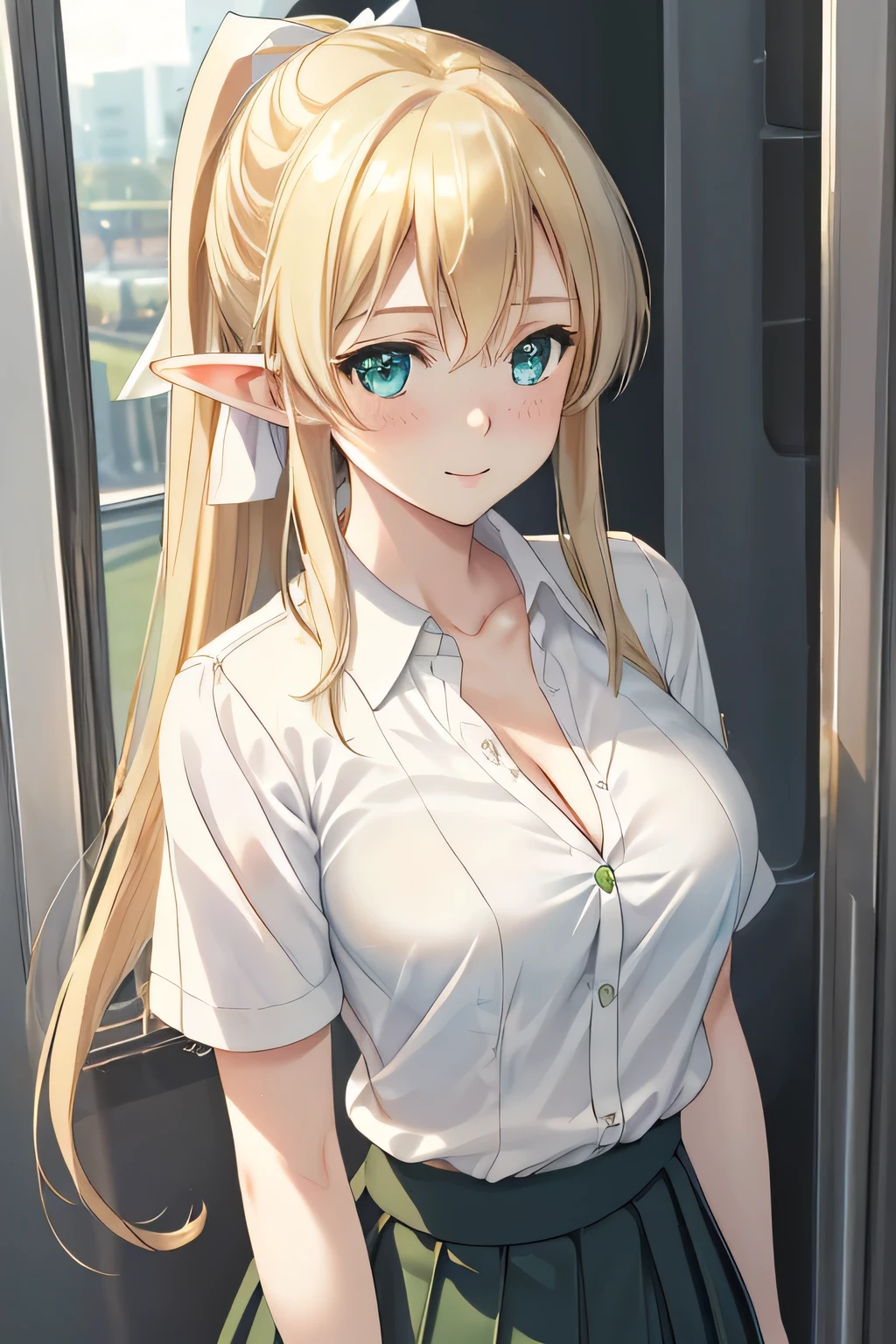 close up 1girl in, photo of leafa, Kirigaya Suguha, Solo, (straight blonde hair, ponytail, very long blonde hair, vivid green eyes), (perfect clear skin, pale skin, detailed skin, massive breasts, round breasts, Cleavage, perfect body), (thin hips, thin waist: 1.25), neutral face, cute smile, elf ears, (close up 1girl in, teenager, 18, Solo, Aesthetic artwork, blond, straight blonde hair, super long blonde hair, light blue eyes, some small freckles, pale skin, small breasts, cleavage, runners body, (thin hips, thin waist: 1.25), detailed skin, neutral face, shy smile, (wearing a short sleeve button down white blouse, unbuttoned, jk ribbon, short pleated skirt pink, school girl uniform: 1.25), (Inside a crowded train with sunlight streaming in, leaning on a man, A man hugs the girl from behind on a train, the man is holding her), (realistic photo, best quality, detailed), (8k wallpaper), (cinematic lighting, beautiful light, (day:1.3)) (sharp focus, intricate), (dslr, realistic, looking at viewer, sharp focus, delicate, soft colors, cinematic)