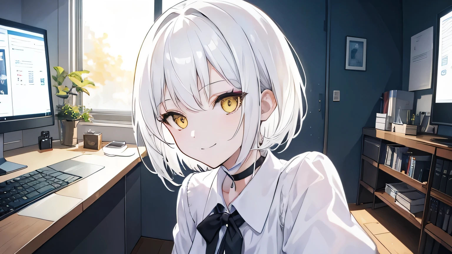 best quality, masterpiece, detailed, 1 girl, solo, slim, white hair, short hair, yellow eyes, smile, closed mouth choker, looking at viewer, in front of computer, one computer, typing, office lady, simple background